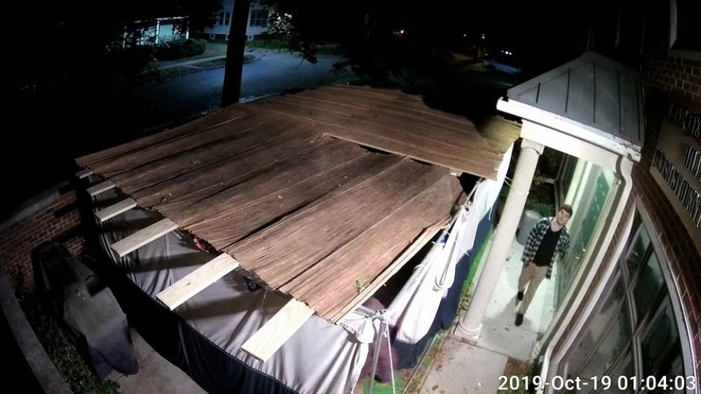 The sukkah at Michigan State University was destroyed during the holiday of Sukkot, as captured on surveillance video. Source: MSU Hillel/Facebook.