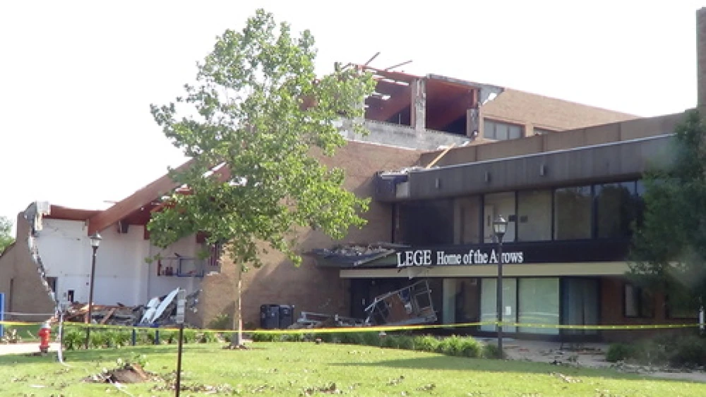 Click photo to download. Caption: An exterior wall was blown away and a portion of the roof was ripped off of the O’Brien Athletic Center (pictured) at Tornado-hit Ursuline College in Pepper Pike, Ohio, over the weekend. Credit: Cleveland Jewish News.