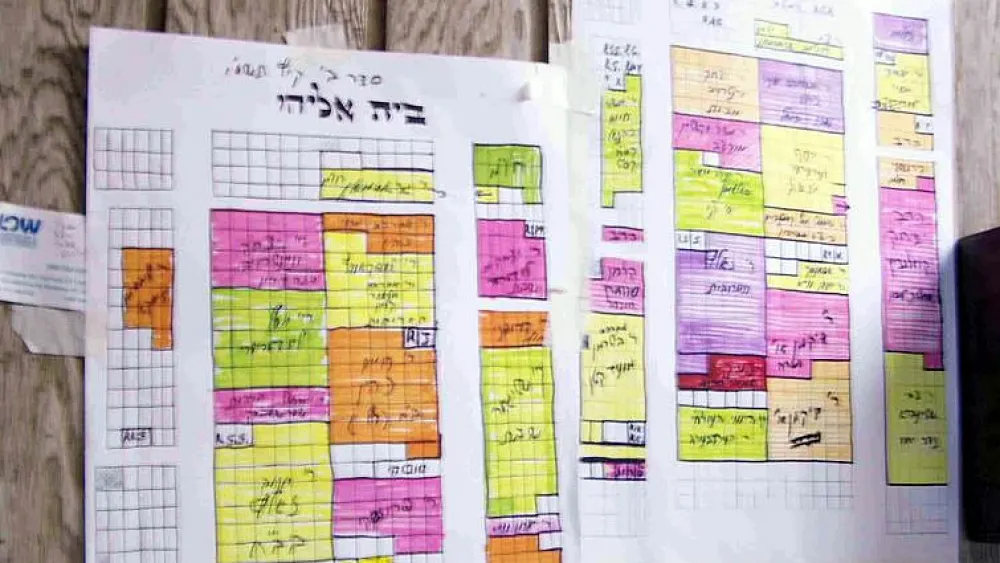 A map hanging at Beit Madrash Govoha in Lakewood, N.J., in one of the study halls designating where each “chevrutah” (study group) sits. Credit: Wikmedia Commons.