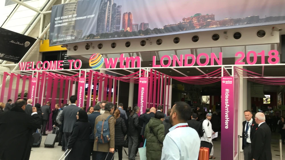 The entrance to the World Travel Market tourism fair in London. Photo by Israel Kasnett.