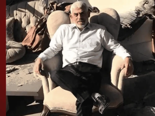 Hamas leader Yahya Sinwar in the ruins of his Gaza office, May 27, 2021. Credit: Courtesy.