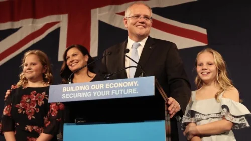 Australian Prime Minister Scott Morrison celebrating his election victory on May 18, 2019. Credit: Scott Morrison via Twitter.