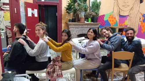 Kedma students at Roger's House Hostel in Tel Aviv after moving from Metula in the aftermath of Hamas's Oct. 7 terror attacks. Credit: Courtesy of Kedma.