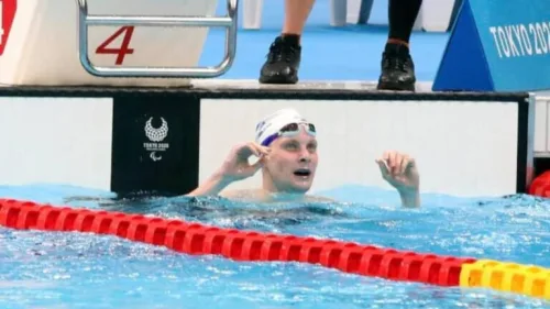 Israeli Paralympic swimmer Mark Malyar finishes his gold-medal event, Aug. 27, 2021. Photo by Lilach Weiss/IPC.