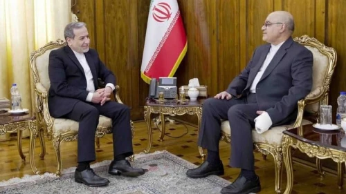 Iran's Ambassador to Lebanon Mojtaba Amani (r) meets with the Foreign Minister Abbas Araghchi in Tehran, Nov. 12, 2024. Credit: Mehr News Agency.