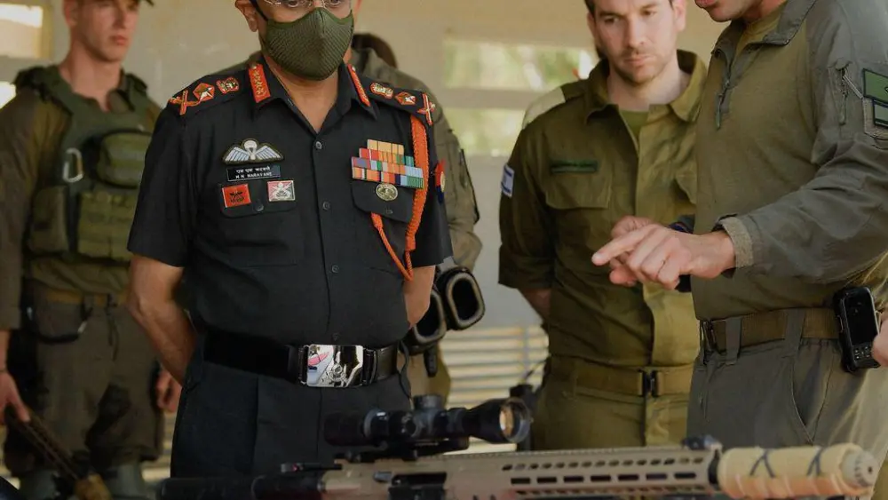India’s Chief of Army Staff, Gen. Manoj Mukund Naravane, is briefed by officials from the Israel Defense Forces during a five-day visit in November 2021. Credit: IDF Spokesperson's Unit.