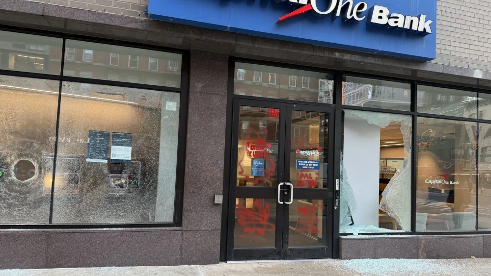 Vandalism at a bank in New York City, Oct. 19, 2026. Credit: Office of New York City Council Speaker Julie Menin.