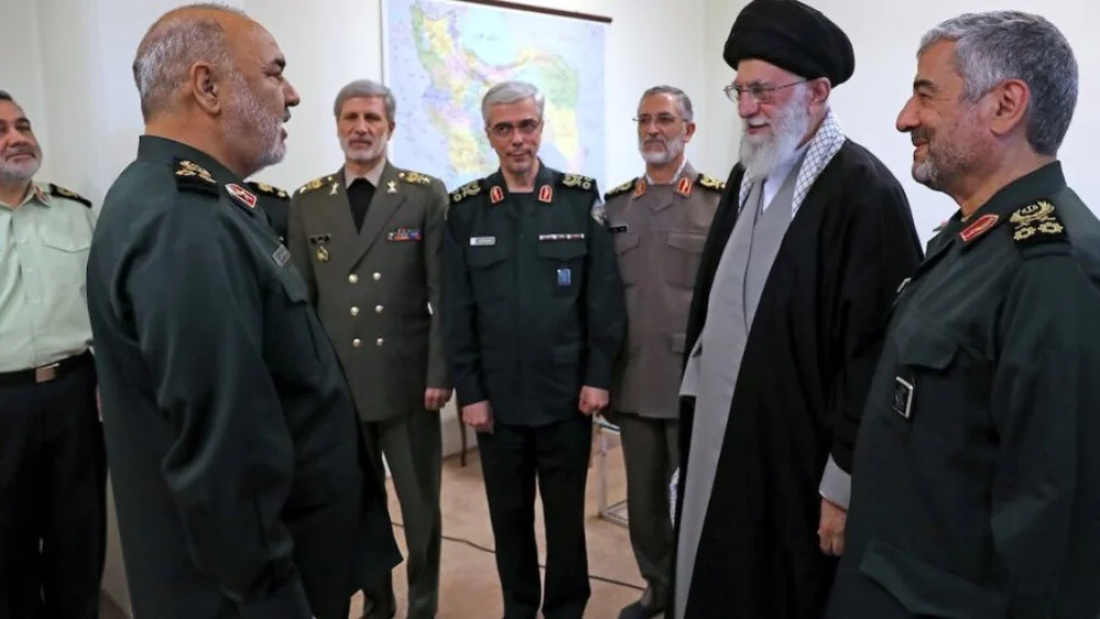 Iranian Supreme Leader Ayatollah Ali Khamenei (far right) promotes Hossein Salami (far left) to commander-in-chief of the Islamic Revolutionary Guard Corps on April 21, 2019, in the presence of Iran’s military and IRGC leadership. Source: Iran Press.