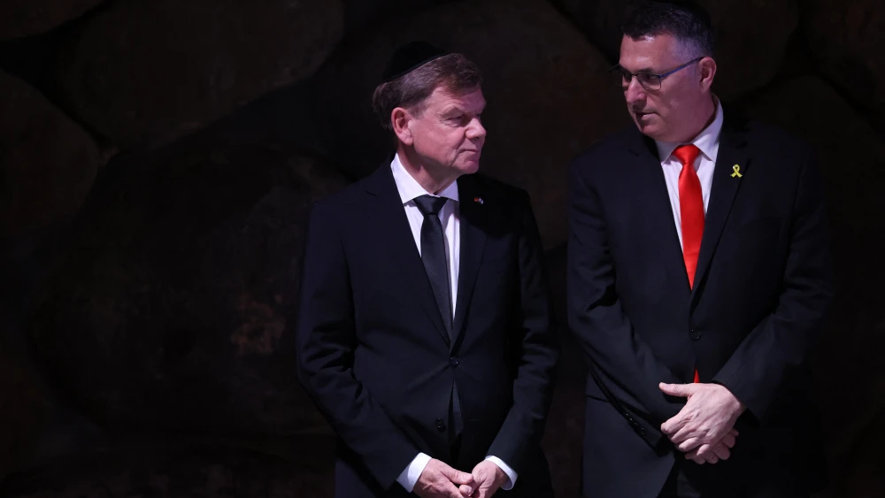 German Foreign Minister Johann Wadephul (L), accompanied by his Israeli counterpart Gideon Saar, visits the Hall of Remembrance at the Yad Vashem Holocaust Memorial museum in Jerusalem on May 11, 2025, during his visit to Israel. Photo by Gil Cohen-Magen/AFP via Getty Images.