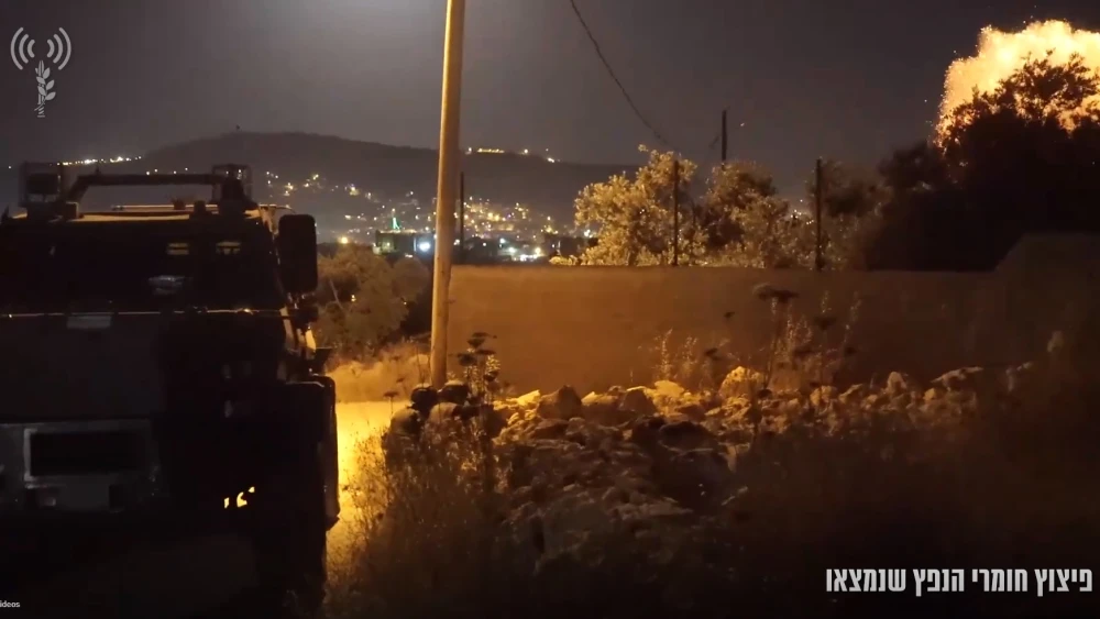 A Hamas bomb explodes during an Israeli raid on a terror cell in the West Bank city of Nablus. Credit: IDF Spokesperson Unit screenshot.