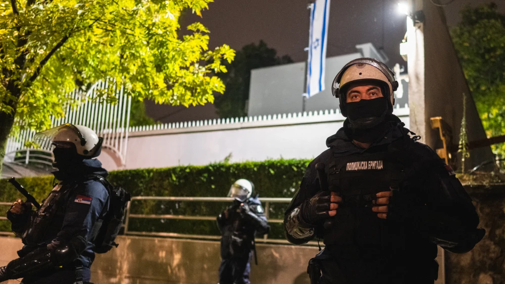 Police units stand guard in front of the Israeli embassy in Belgrade, Serbia on Oct. 5, 2025. Photo by Andrej ISAKOVIC / AFP) (Photo by ANDREJ ISAKOVIC/AFP via Getty Images.