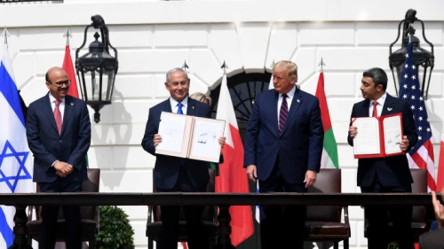 Israeli Prime Minister Benjamin Netanyahu, U.S. President Donald Trump, UAE Foreign Minister Abdullah bin Zayed Al Nahyan and Bahrain Foreign Minister Abdullatif bin Rashid Al Zayani attend the Abraham Accords signing ceremony at the White House in Washington, D.C., Sept. 15, 2020. Credit: Avi Ohayon/GPO.