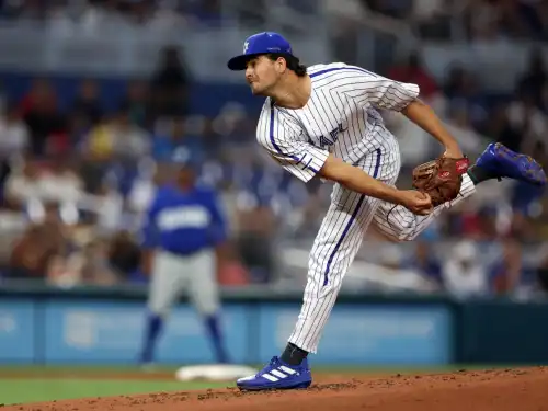 Dean Kremer of Team Israel pitches against Nicaragua at the World Baseball Classic in Miami on March 12, 2023. Credit: Courtesy of Major League Baseball.