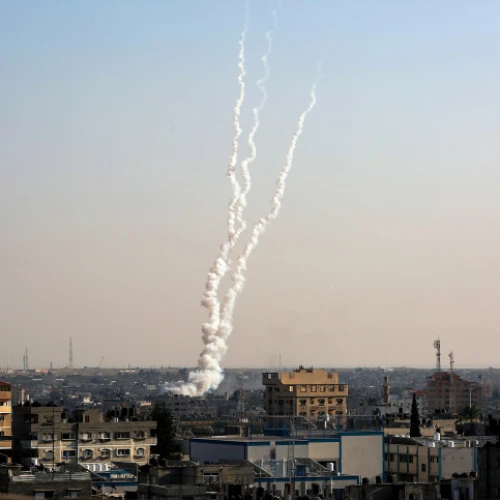 Rockets are fired from the Gaza Strip towards Israel following the targeted killing of Palestinian Islamic Jihad field commander Baha Abu al-Atta by an Israeli strike, on Nov. 12, 2019. Photo by Abed Rahim Khatib/Flash90.