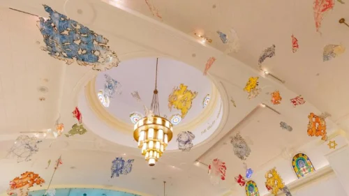 Aerial view of 'Sacred Dreams' by Mira Lehr (detail), 183 aerial sculptures descending from the ceiling of the museum. The large-scale installation was donated by Dr. Robert B. Feldman to the Jewish Museum of Florida-FIU. Photo by Michael E. Fryd (2020). Burned and dyed Japanese paper, acrylic, ink, and resin.