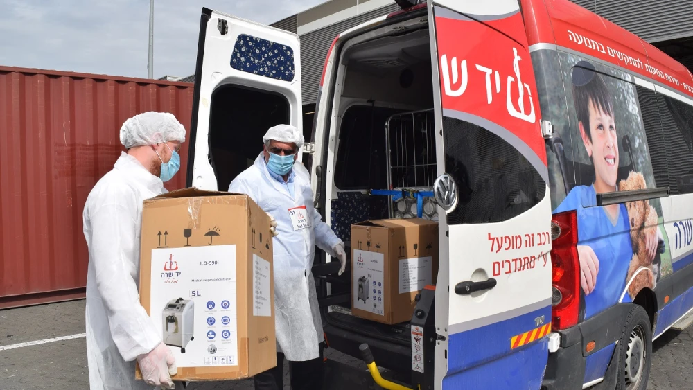 Israeli nonprofit and volunteer organization Yad Sarah, which offers free loans of medical equipment in Israel, recently brought 5,000 oxygen generators, 220 respirators, 10,000 oxygen balloons and 20,000 protective kits with disposable gowns, masks and gloves to Israel from China. Credit: Courtesy.