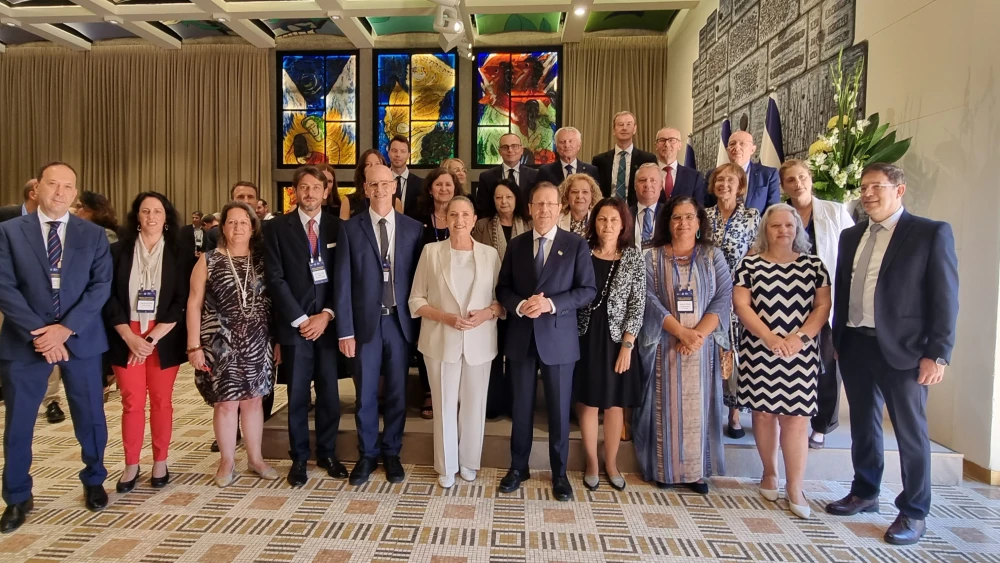 Israeli President Isaac Herzog with European diplomats and officials at the Horizon Europe Award Ceremony at the President’s Residence in Jerusalem on Sept. 8, 2026. Photo by Sharon Altshul.