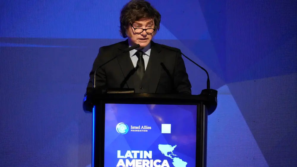 Argentinian President Javier Milei addresses a group of Latin American lawmakers at an Israel Allies Foundation conference in Buenos Aires on June 29. Credit: Casa Rosada.