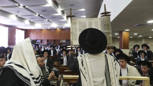 Young haredi men during morning prayers at Yeshiva Ateret Israel in Jerusalem, Sept. 12, 2013. Photo by Nati Shohat/Flash90.