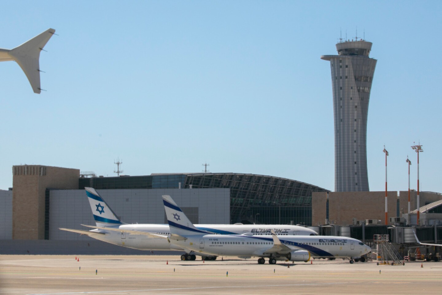Parked El Al jets near Terminal 3 and the airport tower control at Ben Gurion International Airport, Aug. 08, 2020. Photo by Olivier Fitoussi/Flash90.