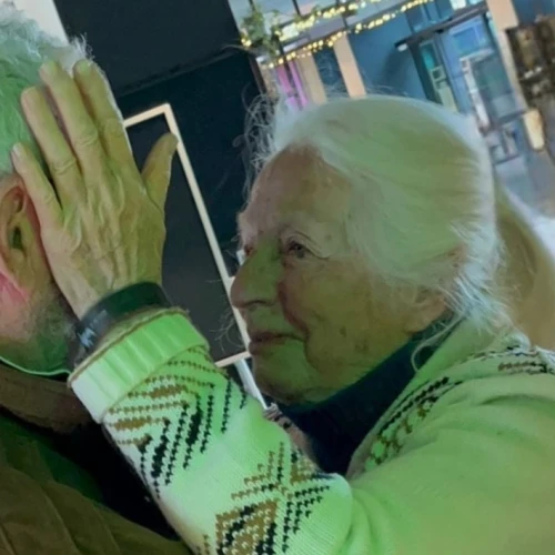 Holocaust survivors Hannah Yakin, 93, and Ben Gazan, 83, who were separated for eight decades, embrace in Poland, April 13, 2026. Photo by Yossi Zeliger.