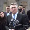 Israeli Foreign Minister Gideon Sa’ar makes a statement to the international media from the site of the Iranian missile strike in Zarzir, March 15, 2026. Credit: GPO.