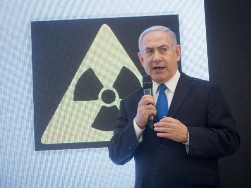 Israeli Prime Minister Benjamin Netanyahu presents a trove of Iranian documents on Tehran's nuclear program at a press conference in Tel Aviv, April 30, 2018. Photo by Miriam Alster/Flash90.