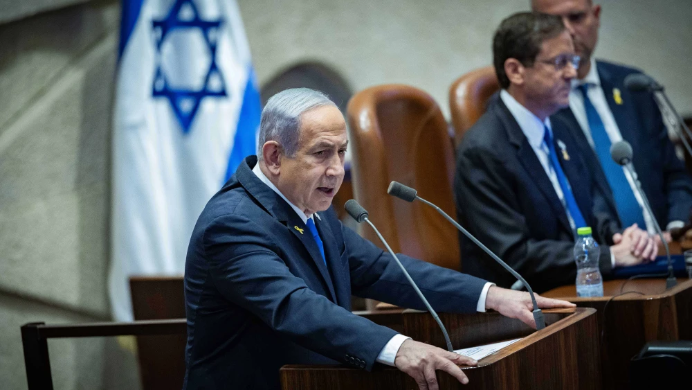 Israeli Prime Minister Benjamin Netanyahu speaks during a plenary session of the opening day of the winter session at the Knesset, the Israeli parliament, in Jerusalem, Oct. 28, 2024. Photo by Yonatan Sindel/Flash90.