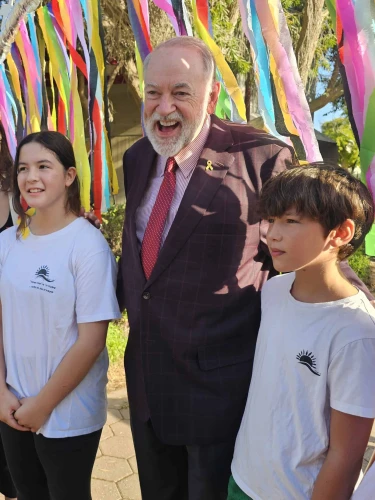 US Ambassador Mike Huckabee with students on the opening of the new school year at the Shachar Eshkol Elementary School near the Gaza border, Sept. 1, 2025. Credit: Jewish National Fund-USA.