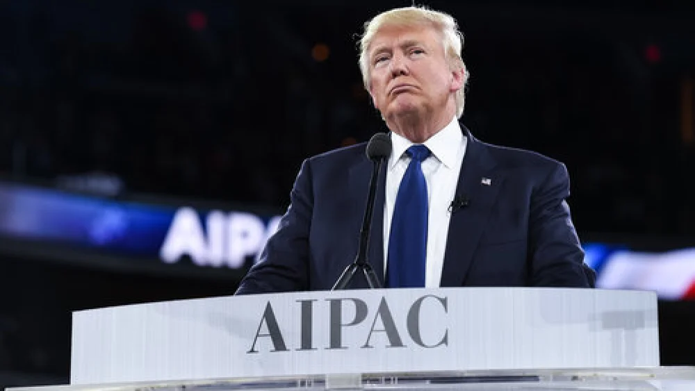 Donald Trump, at the time a presidential candidate, during his speech at the 2016 AIPAC Policy Conference in March. Credit: AIPAC.