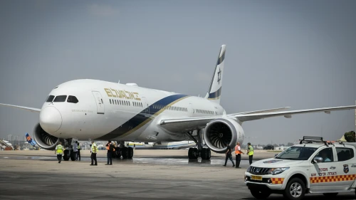 El Al new aircraft Jerusalem of Gold Boeing 787 Dreamliner arrives for a welcome ceremony after his landing at Ben-Gurion International Airport near Tel Aviv on Sept. 19, 2019. Photo by Flash90.