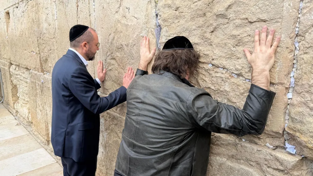 Argentine President Javier Milei and Argentina’s ambassador to Israel, Axel Wahnish, pray at the Western Wall in Jerusalem on April 19, 2026. Credit: Argentina’s Embassy in Israel.