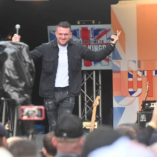 Tommy Robinson speaks at a rally in London on Sept. 13, 2025. Photo by Canaan Lidor.