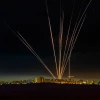 A long-exposure picture showing Israel's Iron Dome anti-missile system firing interceptors at rockets fired from the Gaza Strip, as seen from Ashdod, May 15, 2021. Photo by Avi Roccah/Flash90.
