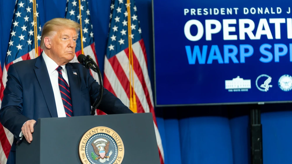 U.S. President Donald Trump at a press conference at the Bioprocess Innovation Center at Fujifilm Diosynth Biotechnologies in Morrisville, N.C., July 27, 2020. Credit: White House Photo by Shealah Craighead.