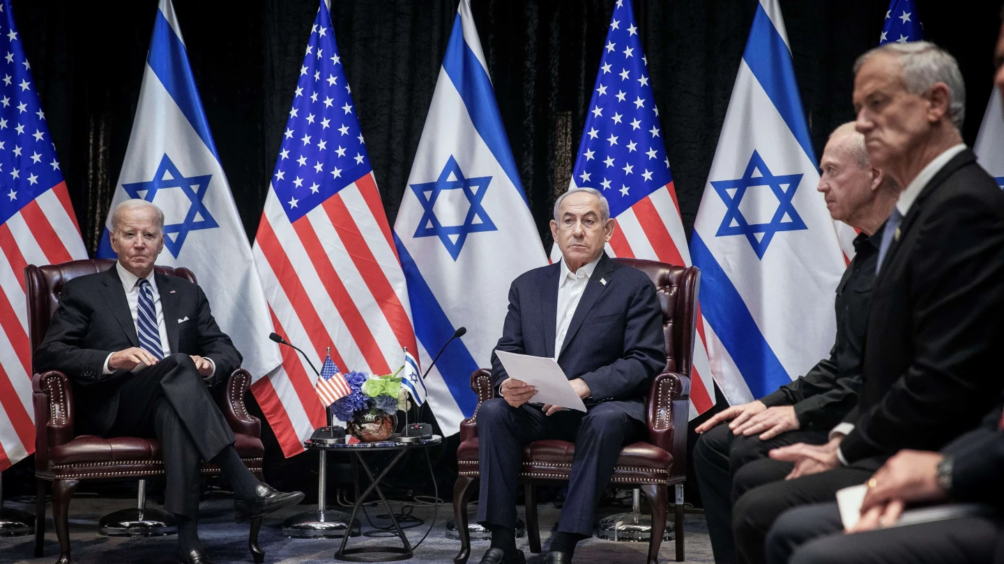 Israeli Prime Minister Benjamin Netanyahu meets with U.S. President Joe Biden in Tel Aviv, Oct. 18, 2023. Source: Miriam Alster/Flash90