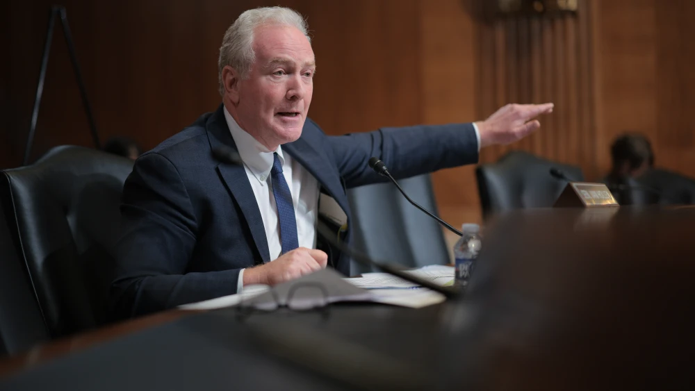 Sen. Chris Van Hollen (D-Md.) questions U.S. Secretary of Homeland Security Markwayne Mullin during a hearing in the Dirksen Senate Office Building on Capitol Hill in Washington, D.C., on June 2, 2026. Photo by Chip Somodevilla/Getty Images.
