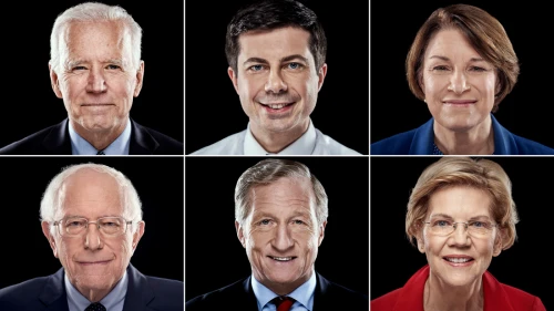 The presidential candidates that were in the Democratic primary debate on Jan. 14, 2019, clockwise: former U.S. Vice President Joe Biden; former South Bend, Ind., Mayor Pete Buttigieg; Sen. Amy Klobuchar (D-Minn.); Sen. Elizabeth Warren (D-Mass.), billionaire Tom Steyer; and Sen. Bernie Sanders (I-Vt.). Credit: CNN/Twitter.