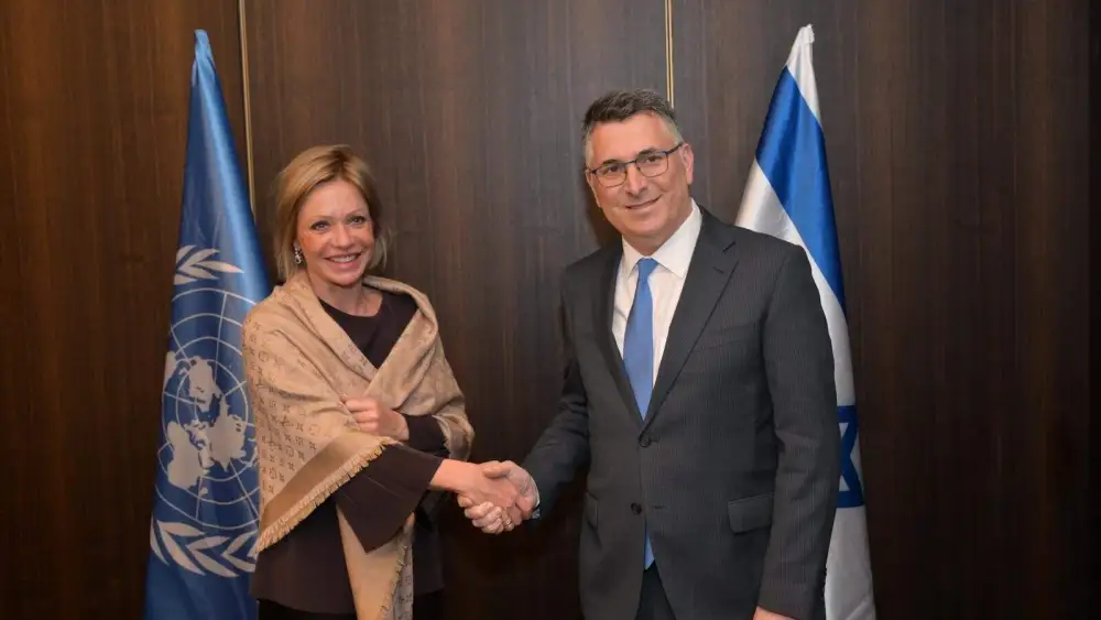 Israeli Foreign Minister Gideon Sa'ar meets Jeanine Hennis-Plasschaert, the U.N.'s special coordinator for Lebanon, at the Israeli Foreign Ministry in Jerusalem, March 9, 2026. Credit: MFA.