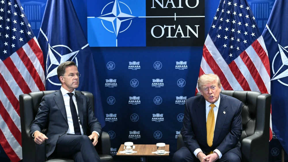 NATO Secretary General Mark Rutte (L) and U.S. President Donald Trump meet on the sidelines of the NATO summit in Ankara, on July 8, 2026. Photo by Saul Loeb / AFP via Getty Images.