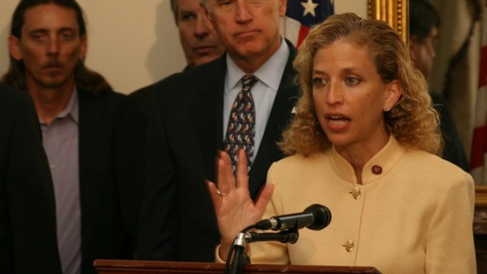 Rep. Debbie Wasserman Schultz (D-Fla.) speaks in 2008, with U.S. Vice President Joe Biden in the background. Credit: Rep. Debbie Wasserman Schultz.