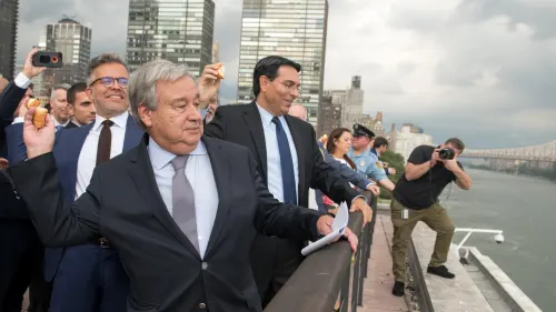 Israeli Ambassador to the U.N. Danny Danon along with U.N. Secretary-General Antonio Guterres and 40 other diplomats perform the Jewish ritual of Tashlich ahead of the Rosh Hashanah holiday. Credit: Nir Azrieli