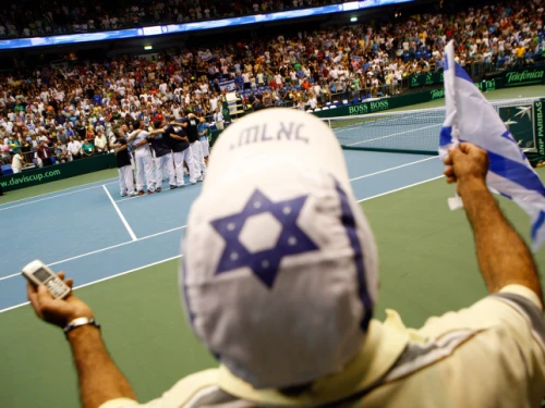 Andy Ram and Jonathan Erlich of Israel celebrate after defeating Russia's Marat Safin and Igor Kunitsyn in their Davis Cup World Group quarter-final doubles tennis match in Tel Aviv, July 11, 2009. Photo by Uri Lenz/ Flash90.