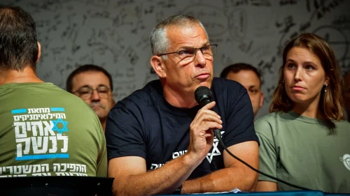 Members of the Brothers in Arms protest group hold a press conference in Herzliya, July 22, 2023. Photo: Avshalom Sassoni/Flash90