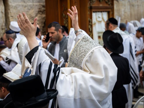 Jewish worshippers pray at the Western Wall in the Old City of Jerusalem, during the Priestly Benediction for the Jewish holiday of Sukkot, Oct. 9, 2025. Photo by Oren Ben Hakoon/Flash90.