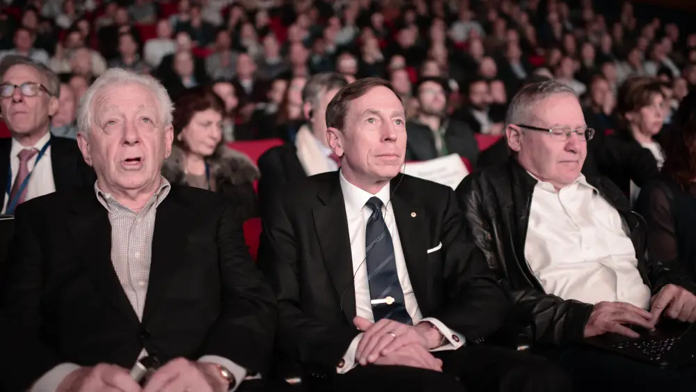 Former Israeli Air Force general, Israel Defense Forces military attaché to Washington and head of the IDF Military Intelligence Directorate Amos Yadlin (right) seen with former director of the CIA David Petraeus at the eighth international INSS conference at the Eretz Israel Museum in Tel Aviv on Feb. 16, 2015. Photo by Tomer Neuberg/Flash90.
