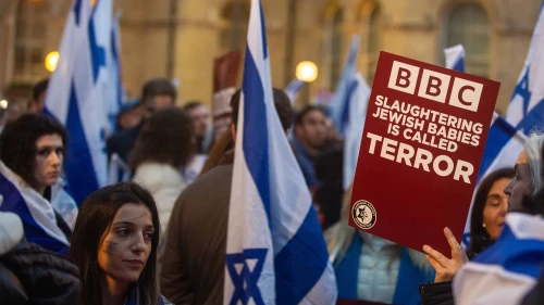 Hundreds attend a protest called by the National Jewish Assembly, the Campaign Against Antisemitism and UK Lawyers for Israel at BBC Broadcasting House in London, on Oct. 16, 2023. Photo by Guy Smallman/Getty Images.