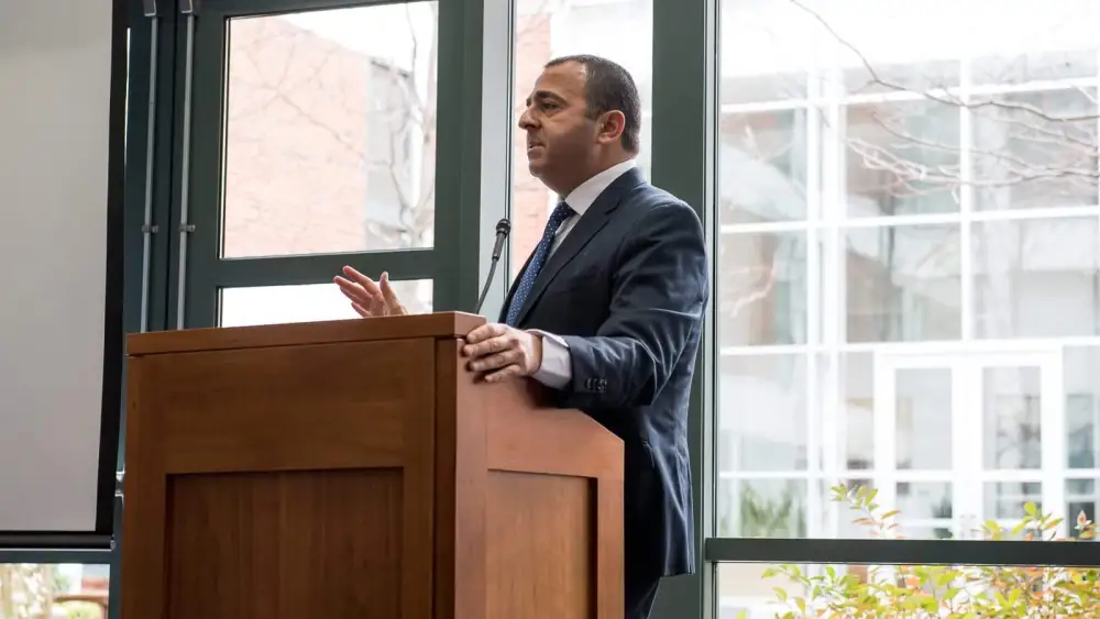 Former Israel Defense Forces Col. Eli Baron presents at a “Our Soldiers Speak” event at the University of Virginia School of Law in Charlottesville, Va. Credit: Our Soldiers Speak.