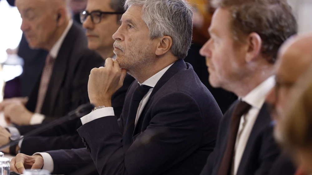 Spain's minister of the interior, Fernando Grande-Marlaskan (center), attends the 6th Ministerial Meeting of the European Coalition against Organized Crime at the Hotel de Beauvau, the French Interior Ministry, in Paris on April 20, 2026. Photo by Kenzo Tribouillard/POOL/AFP via Getty Images.
