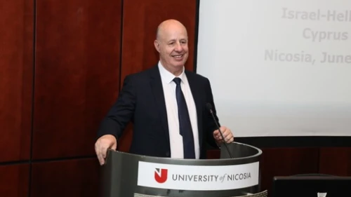 Israeli National Security Adviser Tzachi Hanegbi addresses the Israel Hellenic Forum in Nicosia, Cyprus, June 20, 2023. Credit: Cyprus Center for European and International Affairs.